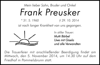 Traueranzeige von Frank Preusker von Hersbrucker Zeitung